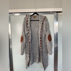 POL Gray Knit Cardigan with Brown Details Size Medium